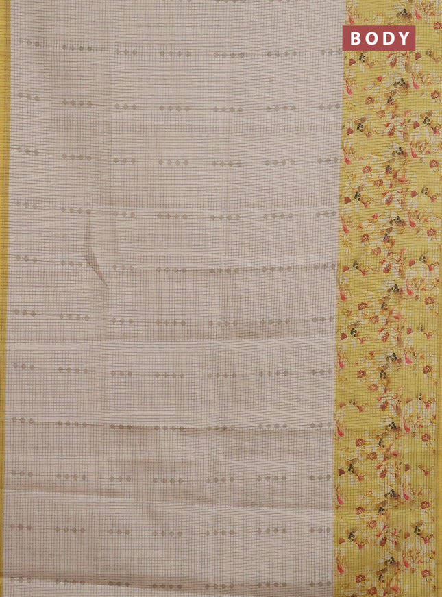 Chappa saree beige and pale yellow with allover small zari checked pattern and floral digital printed pallu