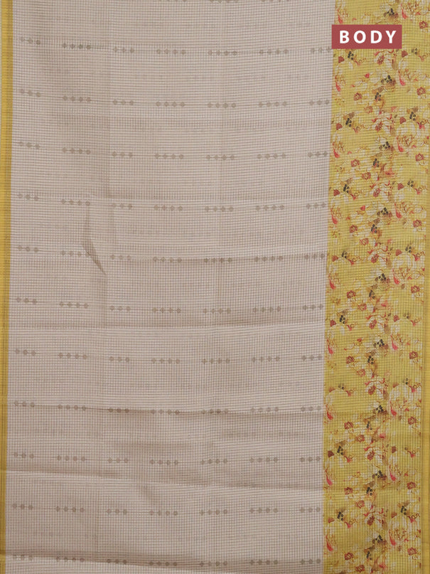 Chappa saree beige and pale yellow with allover small zari checked pattern and floral digital printed pallu