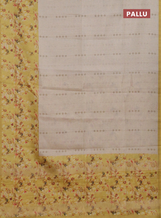 Chappa saree beige and pale yellow with allover small zari checked pattern and floral digital printed pallu
