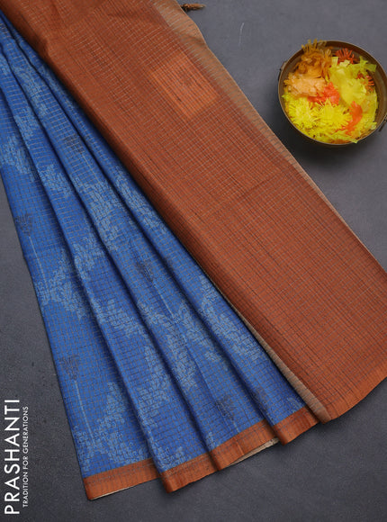 Chappa saree cs blue and orange with allover small zari checked pattern & prints and piping border