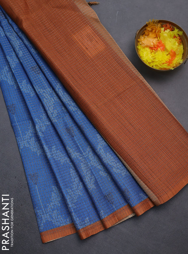 Chappa saree cs blue and orange with allover small zari checked pattern & prints and piping border