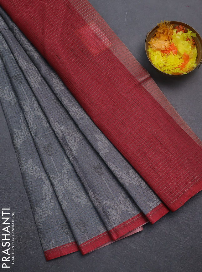 Chappa saree grey and maroon with allover small zari checked pattern & prints and piping border