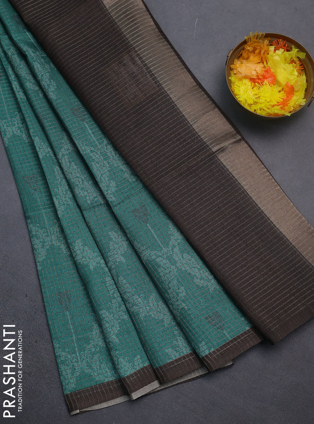 Chappa saree green and brown with allover small zari checked pattern & prints and piping border