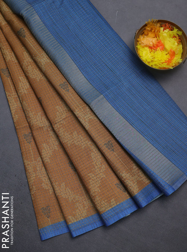 Chappa saree dark mustard and blue with allover small zari checked pattern & prints and piping border