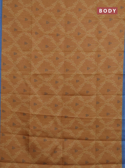 Chappa saree dark mustard and blue with allover small zari checked pattern & prints and piping border