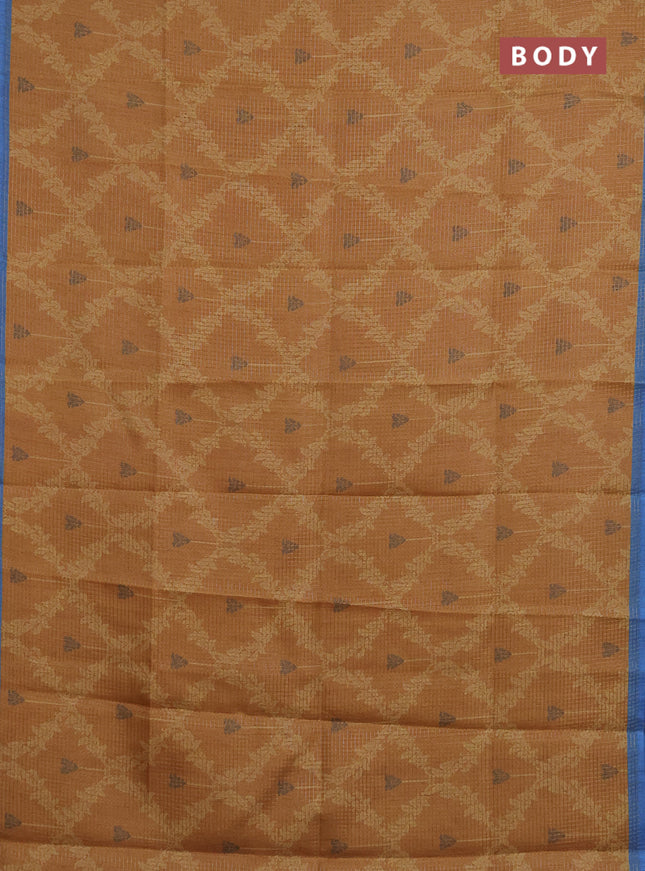 Chappa saree dark mustard and blue with allover small zari checked pattern & prints and piping border