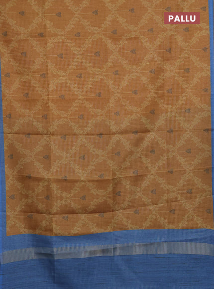 Chappa saree dark mustard and blue with allover small zari checked pattern & prints and piping border