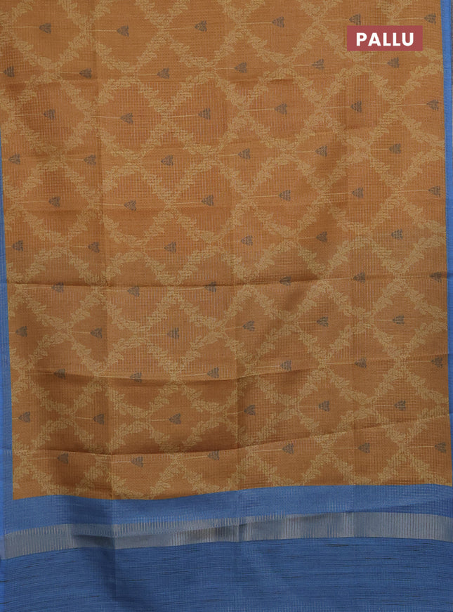 Chappa saree dark mustard and blue with allover small zari checked pattern & prints and piping border