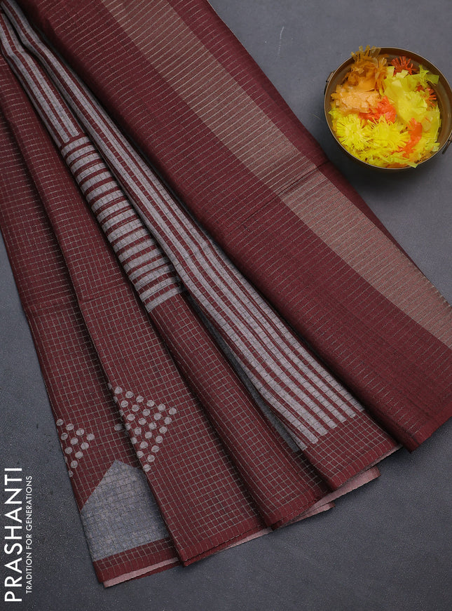 Chappa saree maroon and grey with allover small zari checked pattern and printed border