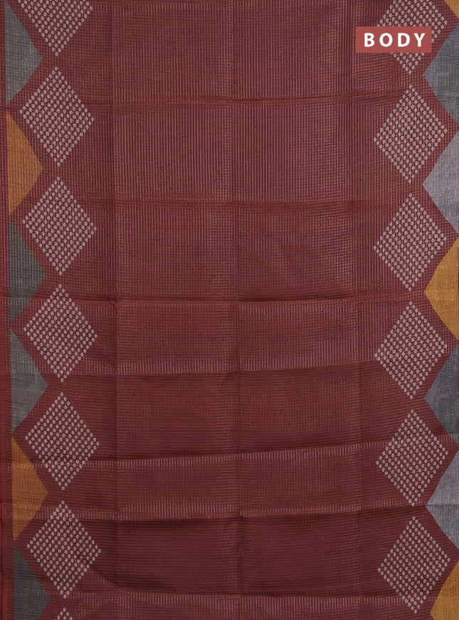 Chappa saree maroon and grey with allover small zari checked pattern and printed border