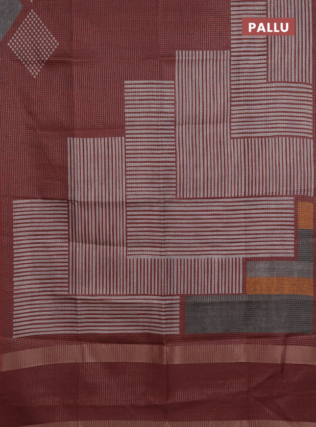 Chappa saree maroon and grey with allover small zari checked pattern and printed border