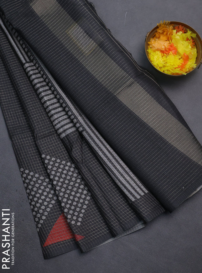 Chappa saree elephant grey and grey with allover small zari checked pattern and printed border