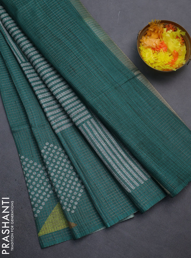 Chappa saree teal green and grey with allover small zari checked pattern and printed border