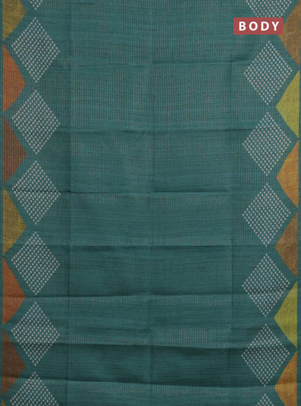 Chappa saree teal green and grey with allover small zari checked pattern and printed border