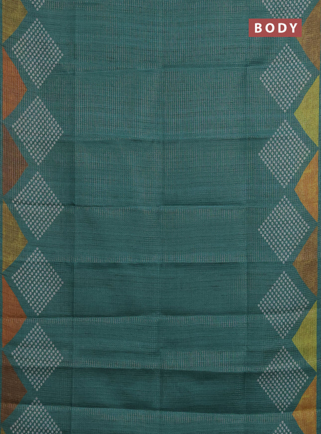 Chappa saree teal green and grey with allover small zari checked pattern and printed border