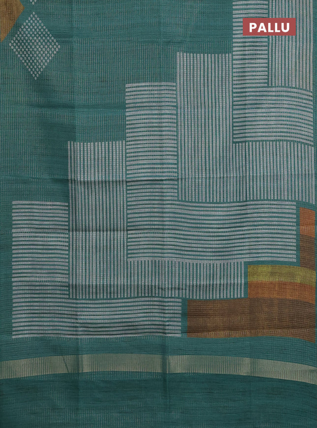 Chappa saree teal green and grey with allover small zari checked pattern and printed border