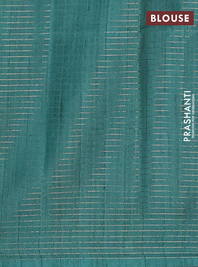 Chappa saree teal green and grey with allover small zari checked pattern and printed border