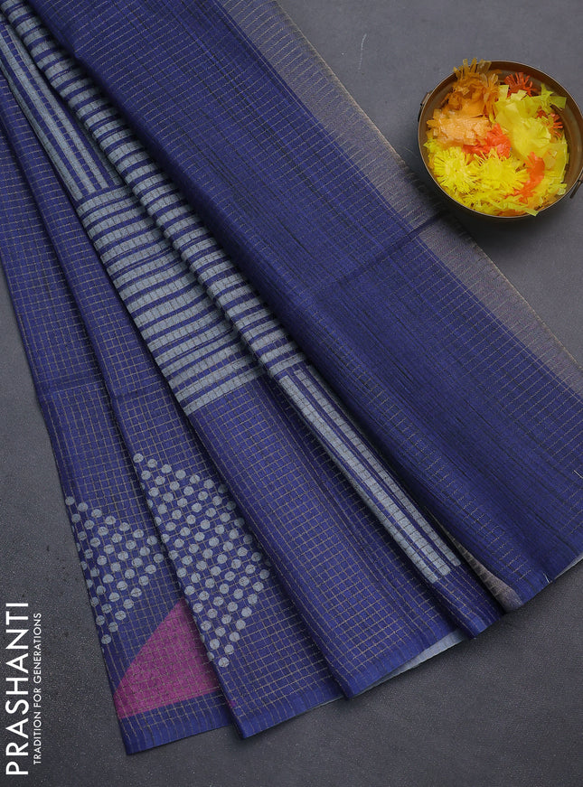 Chappa saree blue and grey with allover small zari checked pattern and printed border