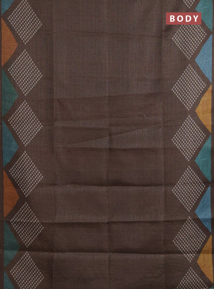 Chappa saree coffee brown and grey with allover small zari checked pattern and printed border