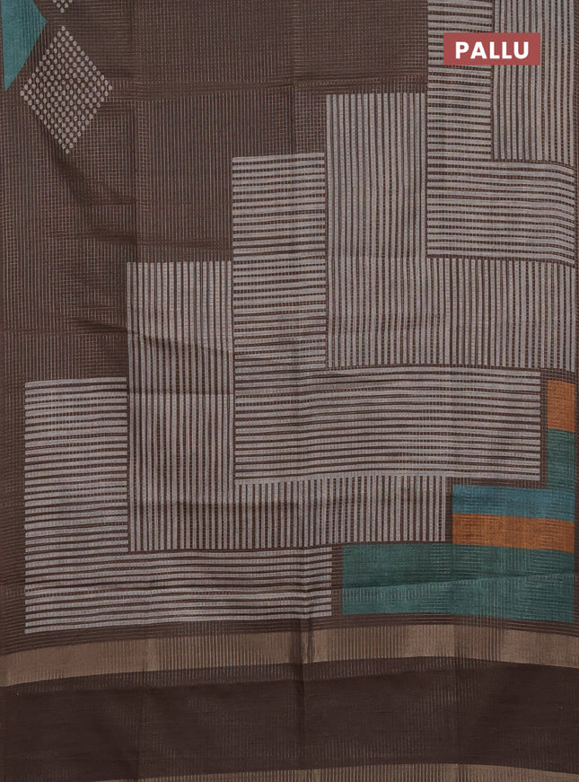 Chappa saree coffee brown and grey with allover small zari checked pattern and printed border