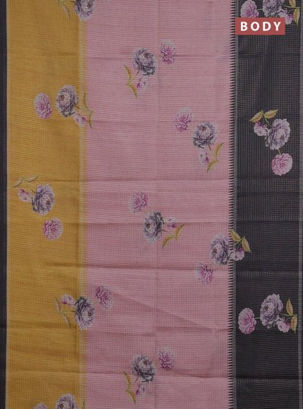 Chappa saree peach pink and black with allover small zari checked pattern & floral digital prints and ganga jamuna border