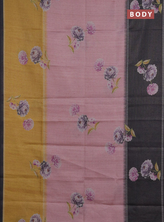 Chappa saree peach pink and black with allover small zari checked pattern & floral digital prints and ganga jamuna border