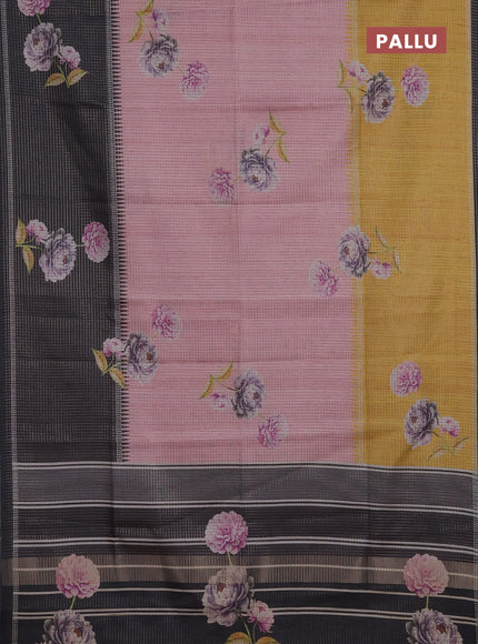 Chappa saree peach pink and black with allover small zari checked pattern & floral digital prints and ganga jamuna border