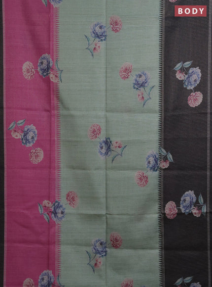 Chappa saree pastel green and black with allover small zari checked pattern & floral digital prints and ganga jamuna border