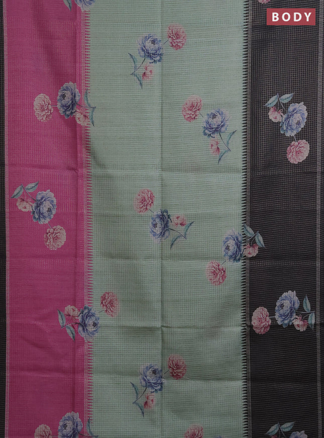 Chappa saree pastel green and black with allover small zari checked pattern & floral digital prints and ganga jamuna border