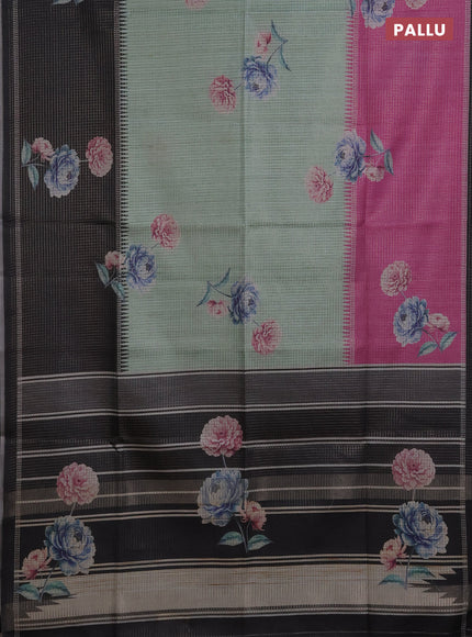 Chappa saree pastel green and black with allover small zari checked pattern & floral digital prints and ganga jamuna border