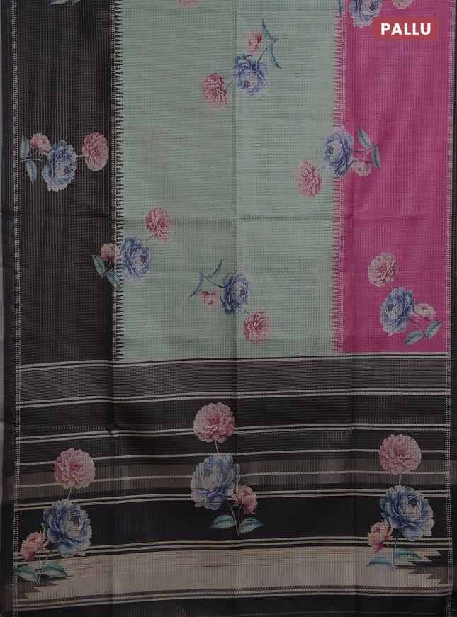 Chappa saree pastel green and black with allover small zari checked pattern & floral digital prints and ganga jamuna border