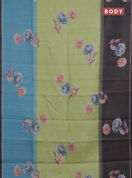 Chappa saree light green and black with allover small zari checked pattern & floral digital prints and ganga jamuna border