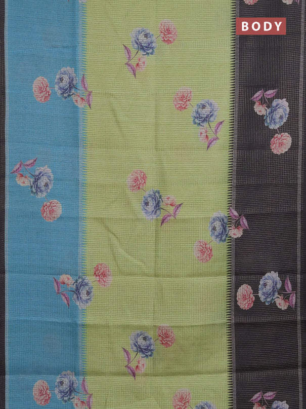 Chappa saree light green and black with allover small zari checked pattern & floral digital prints and ganga jamuna border