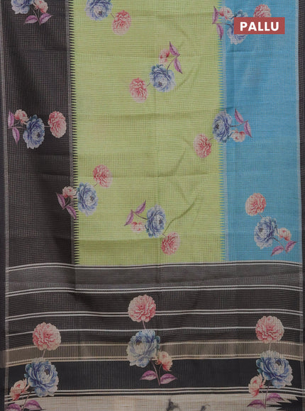 Chappa saree light green and black with allover small zari checked pattern & floral digital prints and ganga jamuna border