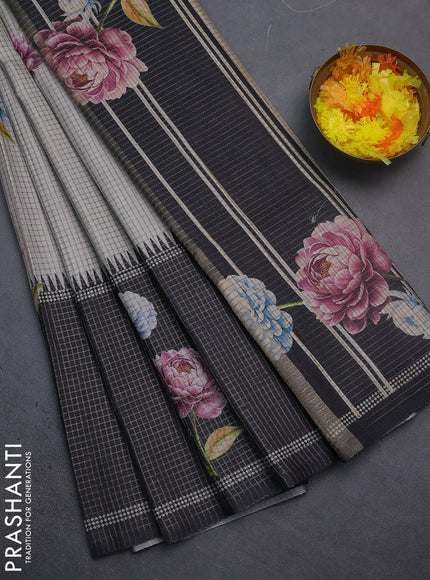 Chappa saree grey and black with allover small zari checked pattern & floral digital prints and ganga jamuna border