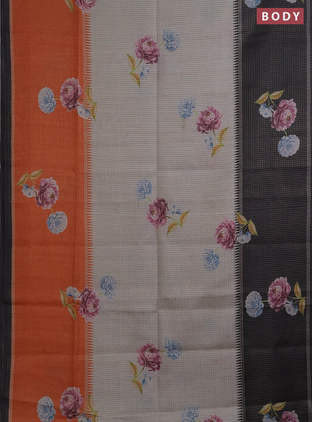 Chappa saree grey and black with allover small zari checked pattern & floral digital prints and ganga jamuna border