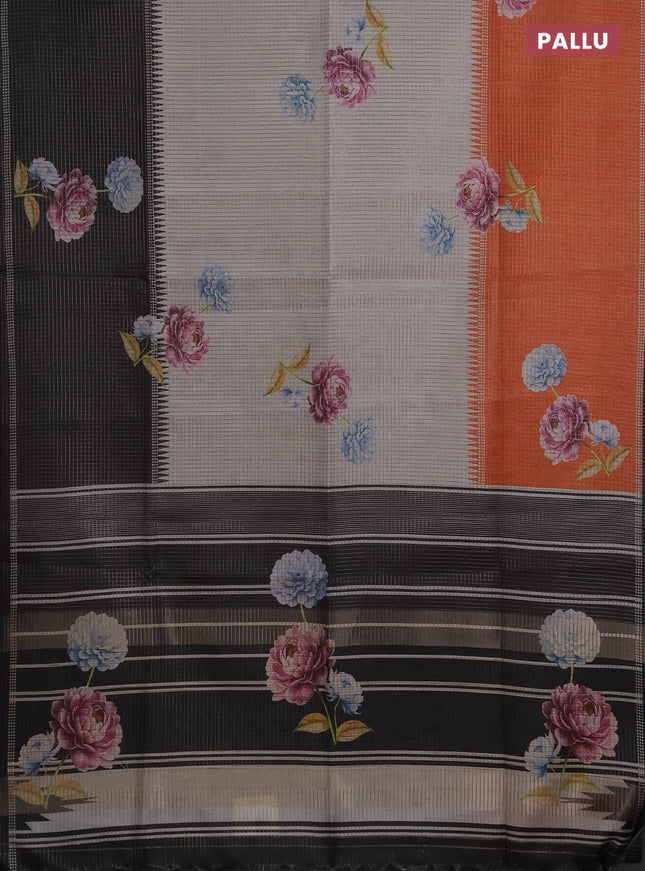 Chappa saree grey and black with allover small zari checked pattern & floral digital prints and ganga jamuna border