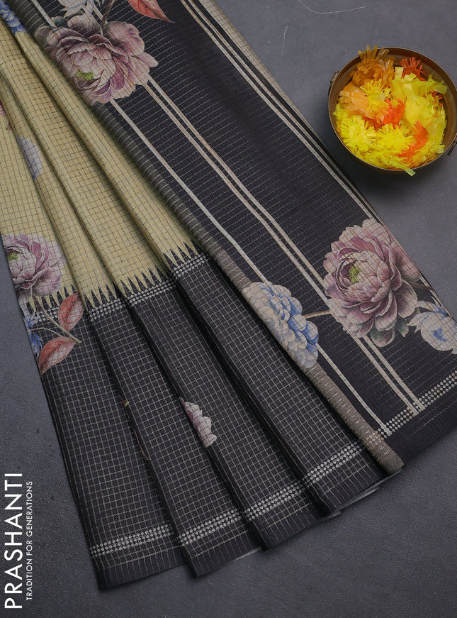 Chappa saree sandal and black with allover small zari checked pattern & floral digital prints and ganga jamuna border