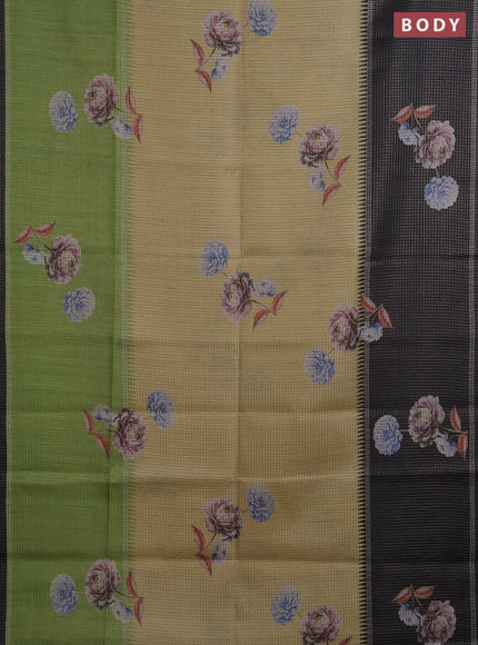 Chappa saree sandal and black with allover small zari checked pattern & floral digital prints and ganga jamuna border