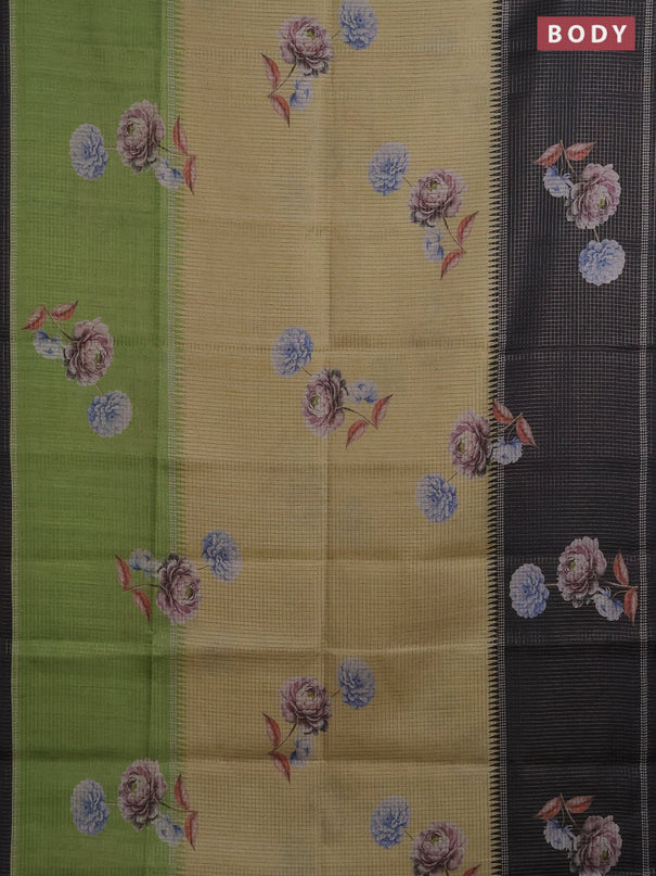 Chappa saree sandal and black with allover small zari checked pattern & floral digital prints and ganga jamuna border