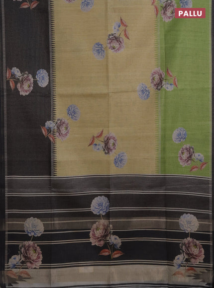 Chappa saree sandal and black with allover small zari checked pattern & floral digital prints and ganga jamuna border