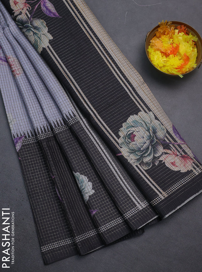 Chappa saree pastel grey and black with allover small zari checked pattern & floral digital prints and ganga jamuna border