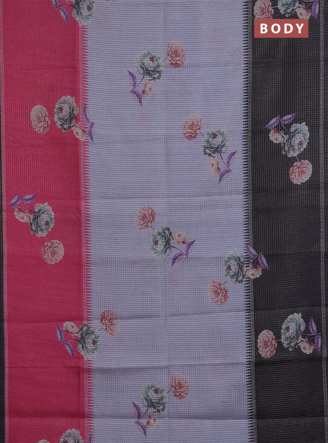 Chappa saree pastel grey and black with allover small zari checked pattern & floral digital prints and ganga jamuna border