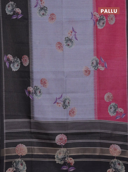 Chappa saree pastel grey and black with allover small zari checked pattern & floral digital prints and ganga jamuna border