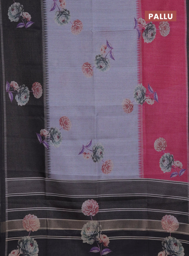 Chappa saree pastel grey and black with allover small zari checked pattern & floral digital prints and ganga jamuna border