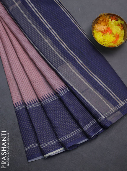 Chappa saree pastel pink and dark blue with allover small zari checked pattern and temple design zari woven border