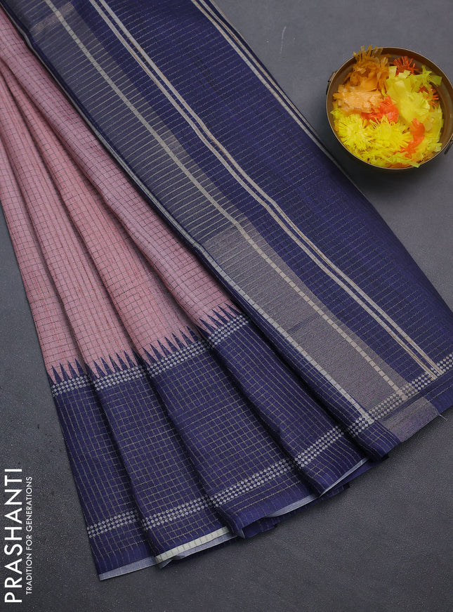 Chappa saree pastel pink and dark blue with allover small zari checked pattern and temple design zari woven border