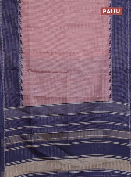 Chappa saree pastel pink and dark blue with allover small zari checked pattern and temple design zari woven border