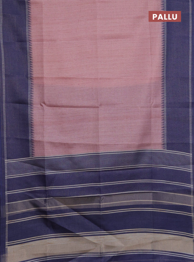 Chappa saree pastel pink and dark blue with allover small zari checked pattern and temple design zari woven border