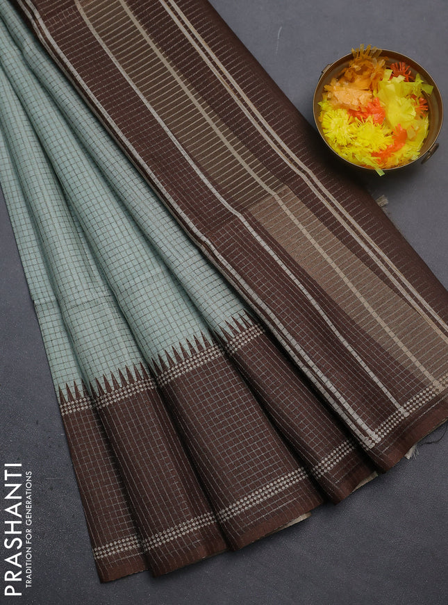 Chappa saree pastel green and brown with allover small zari checked pattern and temple design zari woven border
